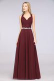 Elegant Chiffon Halter V-Neck Ruffle Bridesmaid Dress with Appliques Sashes-27dress