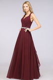 Elegant Chiffon Halter V-Neck Ruffle Bridesmaid Dress with Appliques Sashes-27dress