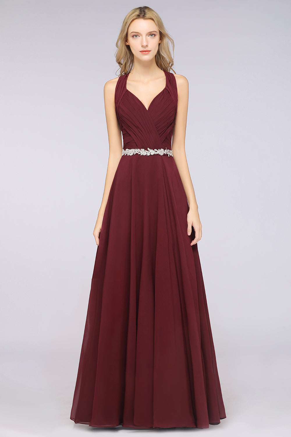 Elegant Chiffon Halter V-Neck Ruffle Bridesmaid Dress with Appliques Sashes-27dress