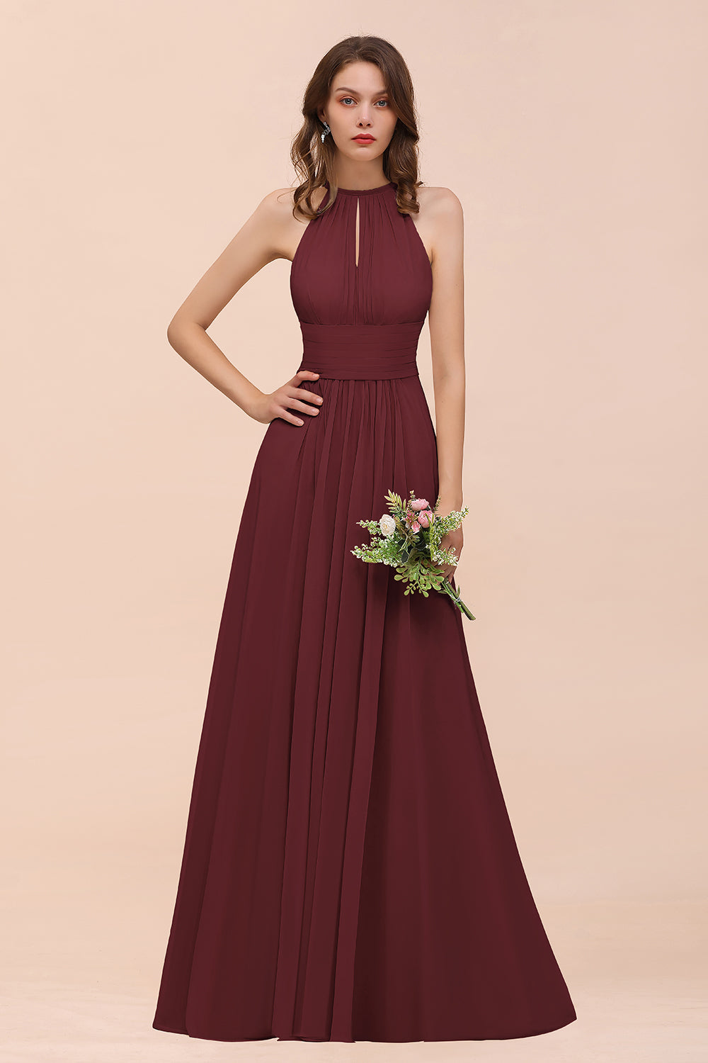 Elegant Chiffon Jewel Ruffle Champagne Affordable Bridesmaid Dress Online-27dress