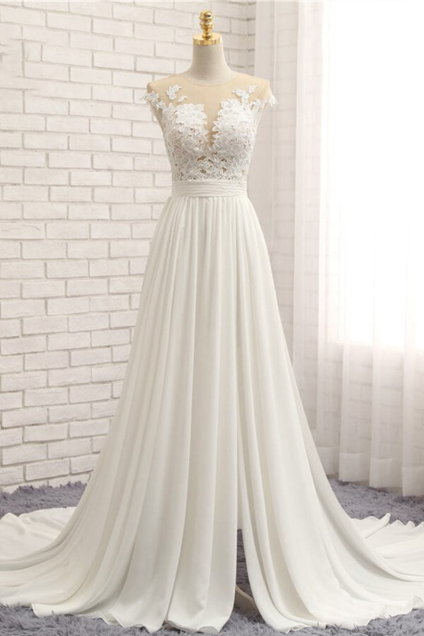 Elegant Chiffon Sleeveless Appliques Wedding Dress A-line Jewel White Bridal Gowns On Sale-27dress