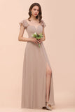 Elegant Chiffon Slit Affordable Bridesmaid Dresses with Short Sleeves-27dress