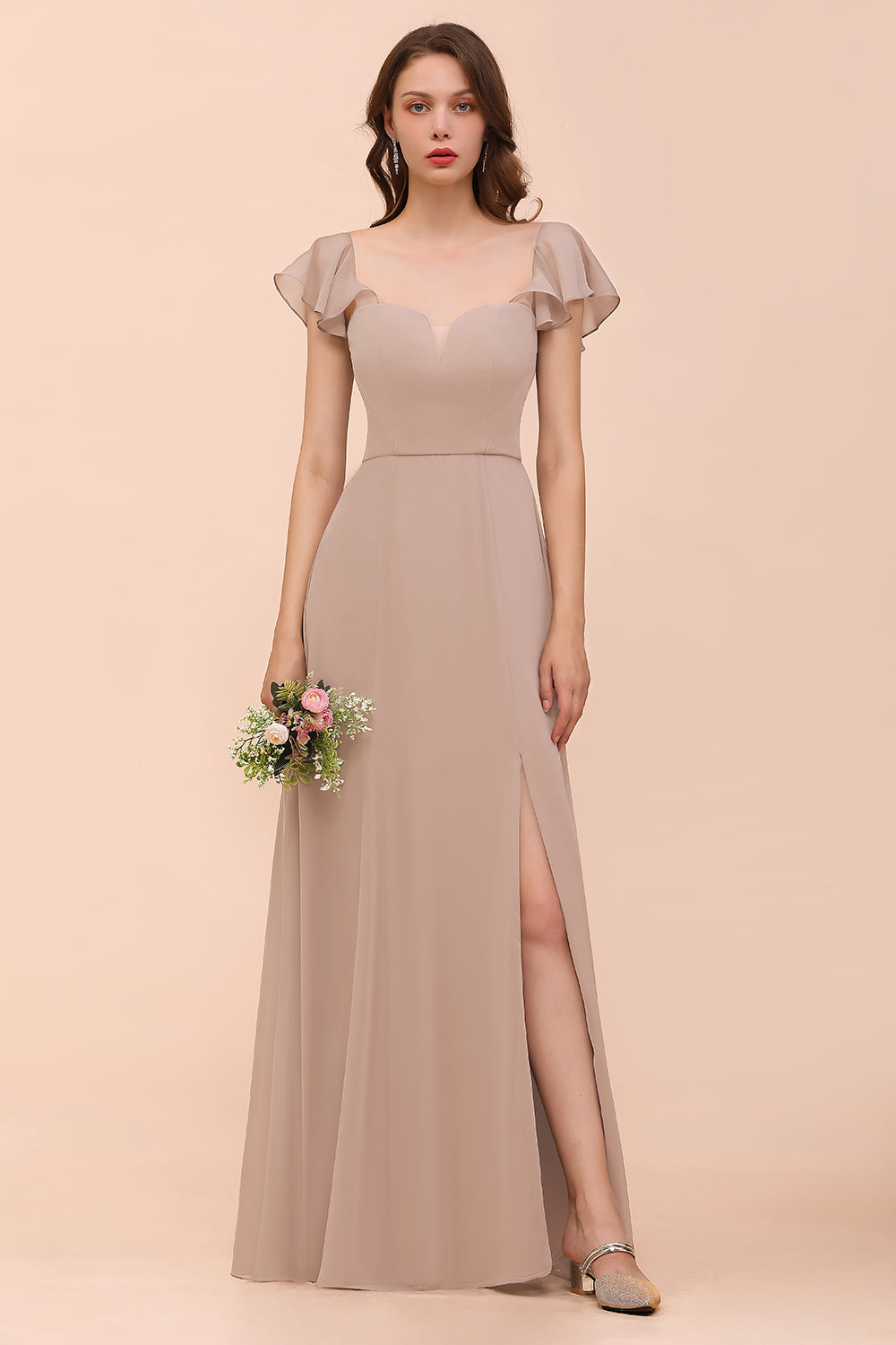 Elegant Chiffon Slit Affordable Bridesmaid Dresses with Short Sleeves-27dress