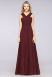 Elegant Chiffon V-Neck Straps Crisscross Burgundy Bridesmaid Dress with Ruffle-27dress