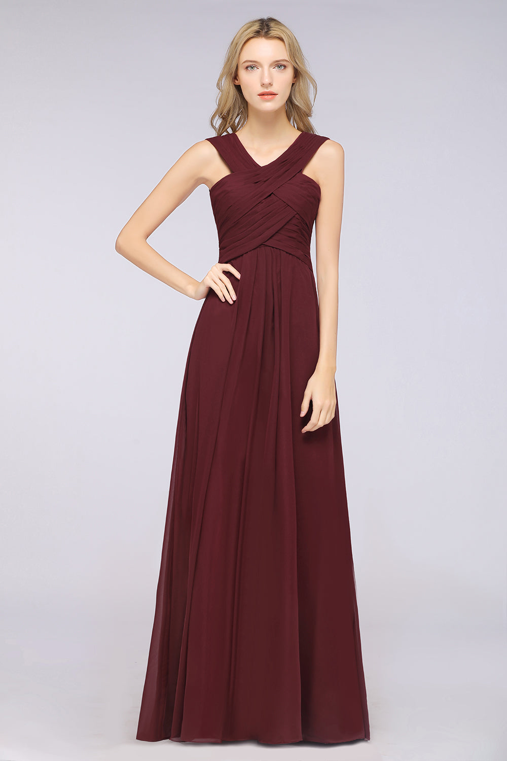 Elegant Chiffon V-Neck Straps Crisscross Burgundy Bridesmaid Dress with Ruffle-27dress