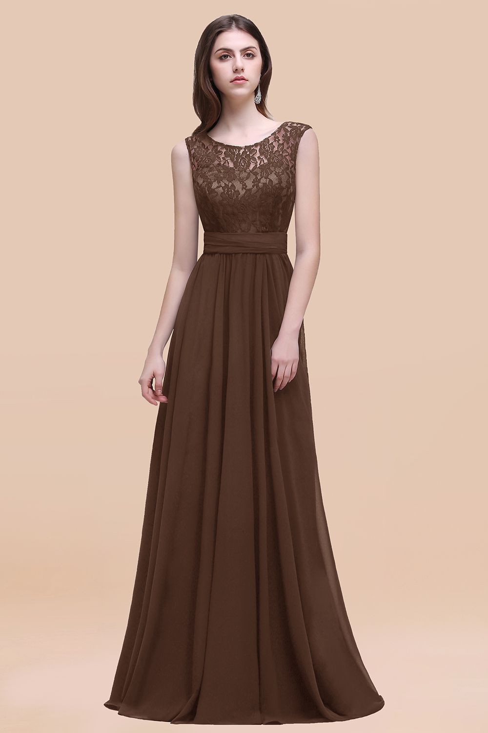 Elegant Dark Green A-line Chiffon Lace Scoop Long Bridesmaid Dress-27Dress