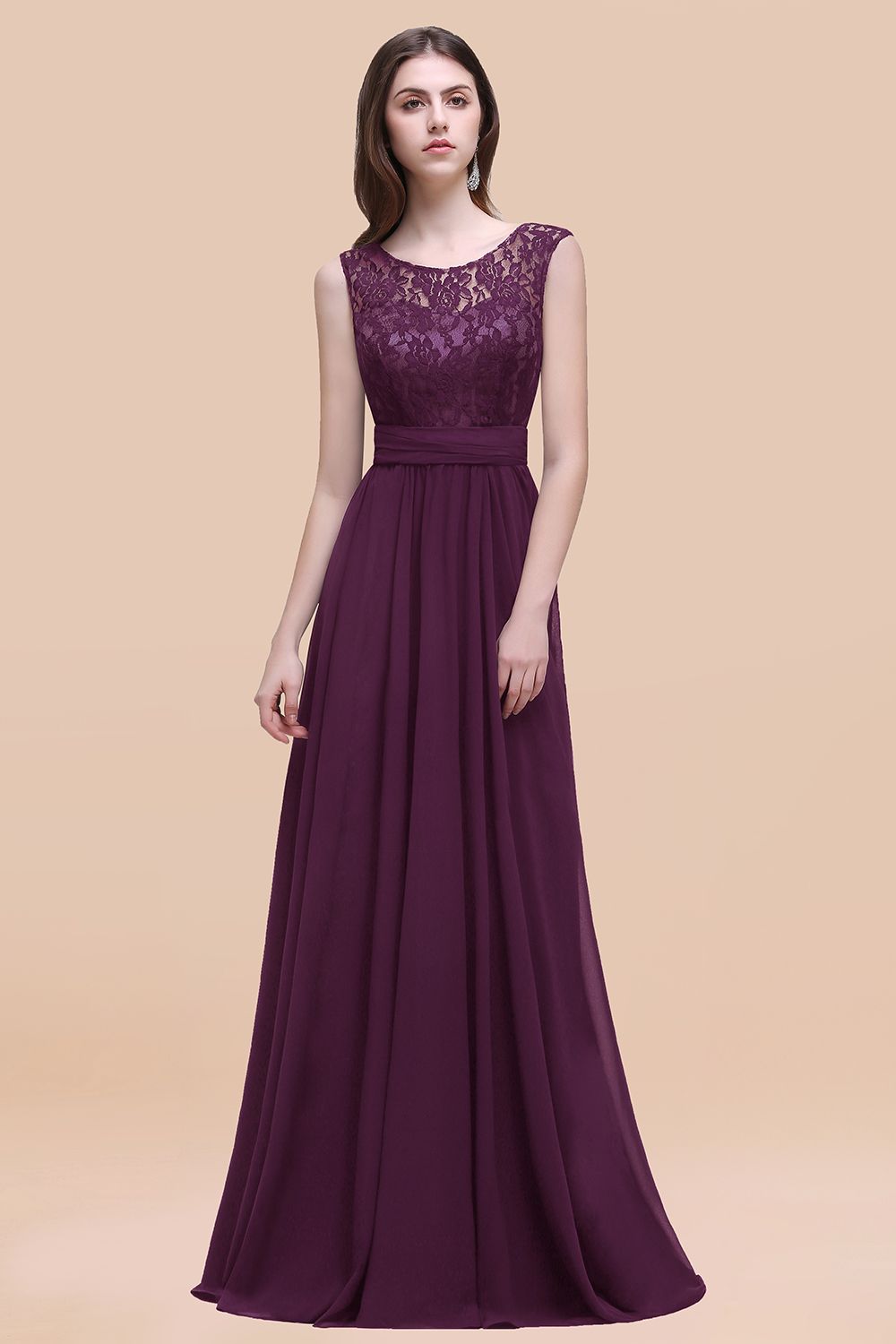 Elegant Dark Green A-line Chiffon Lace Scoop Long Bridesmaid Dress-27Dress