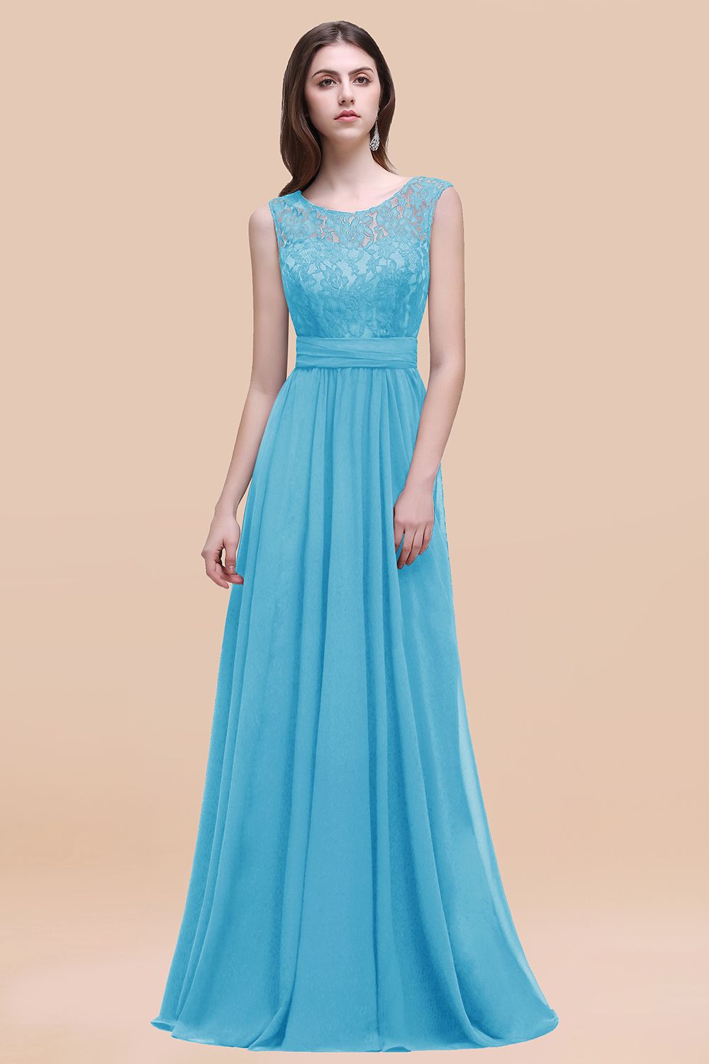 Elegant Dark Green A-line Chiffon Lace Scoop Long Bridesmaid Dress-27Dress