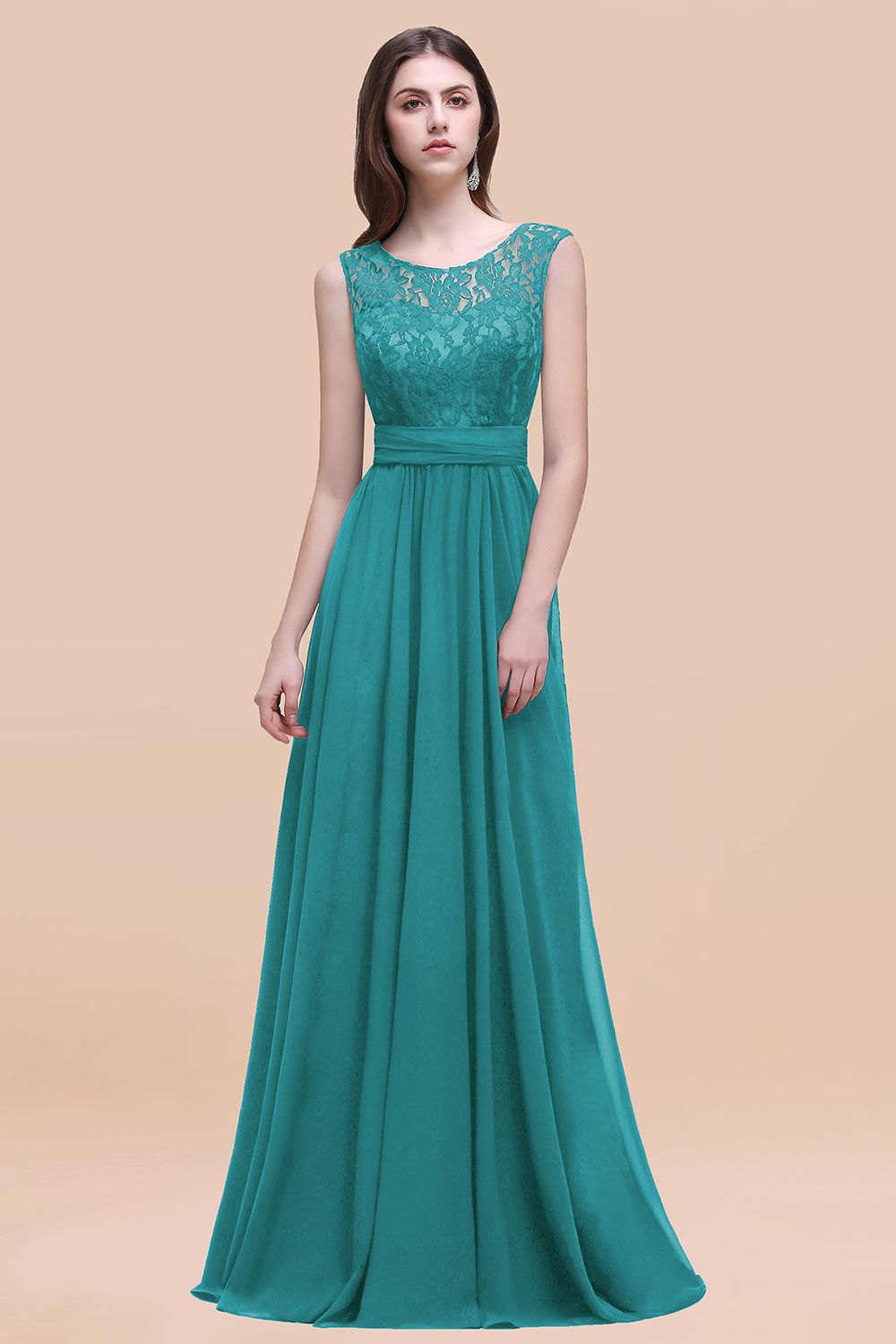 Elegant Dark Green A-line Chiffon Lace Scoop Long Bridesmaid Dress-27Dress