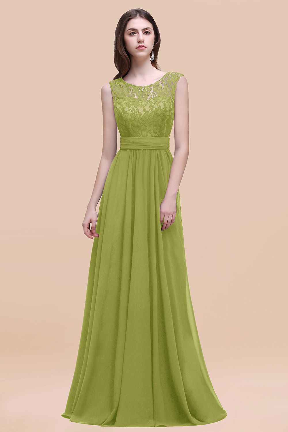 Elegant Dark Green A-line Chiffon Lace Scoop Long Bridesmaid Dress-27Dress