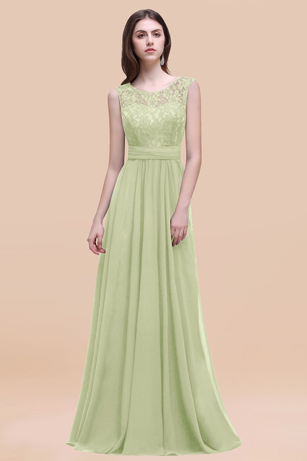 Elegant Dark Green A-line Chiffon Lace Scoop Long Bridesmaid Dress-27Dress