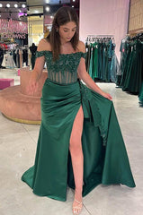 Elegant Emerald Green Off the-Shoulder Satin Dress with slit