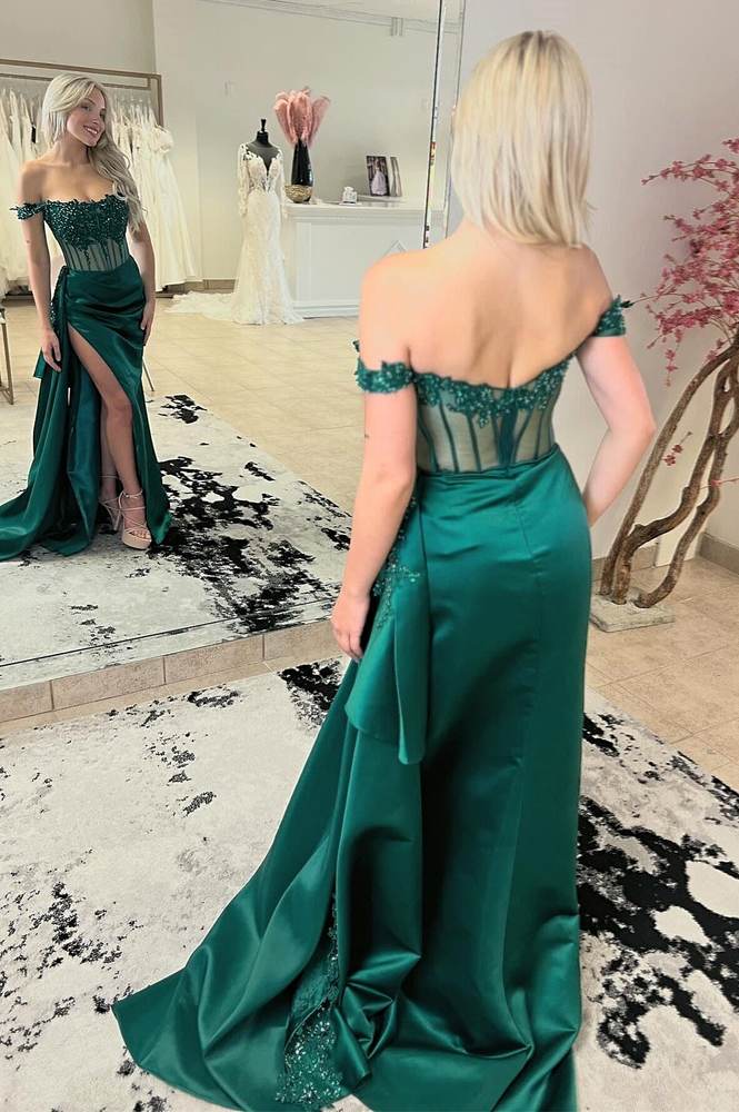 Elegant Emerald Green Off the-Shoulder Satin Dress with slit