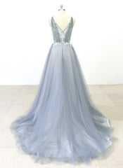 Elegant Gray Tulle Round Neck Beach Wedding Dress Jewel Sweep Train Bridal Gowns On Sale-27dress