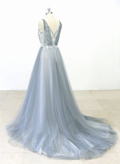 Elegant Gray Tulle Round Neck Beach Wedding Dress Jewel Sweep Train Bridal Gowns On Sale-27dress