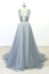 Elegant Gray Tulle Round Neck Beach Wedding Dress Jewel Sweep Train Bridal Gowns On Sale-27dress