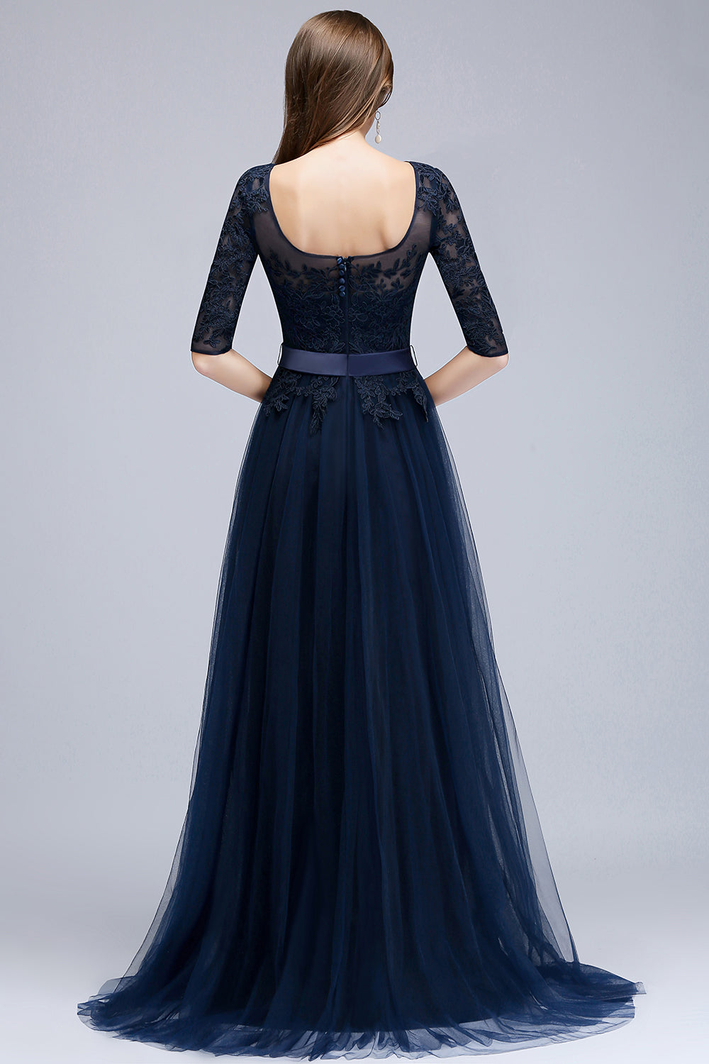 Elegant Half-Sleeves Lace Navy Bridesmaid Dresses with Appliques-27dress