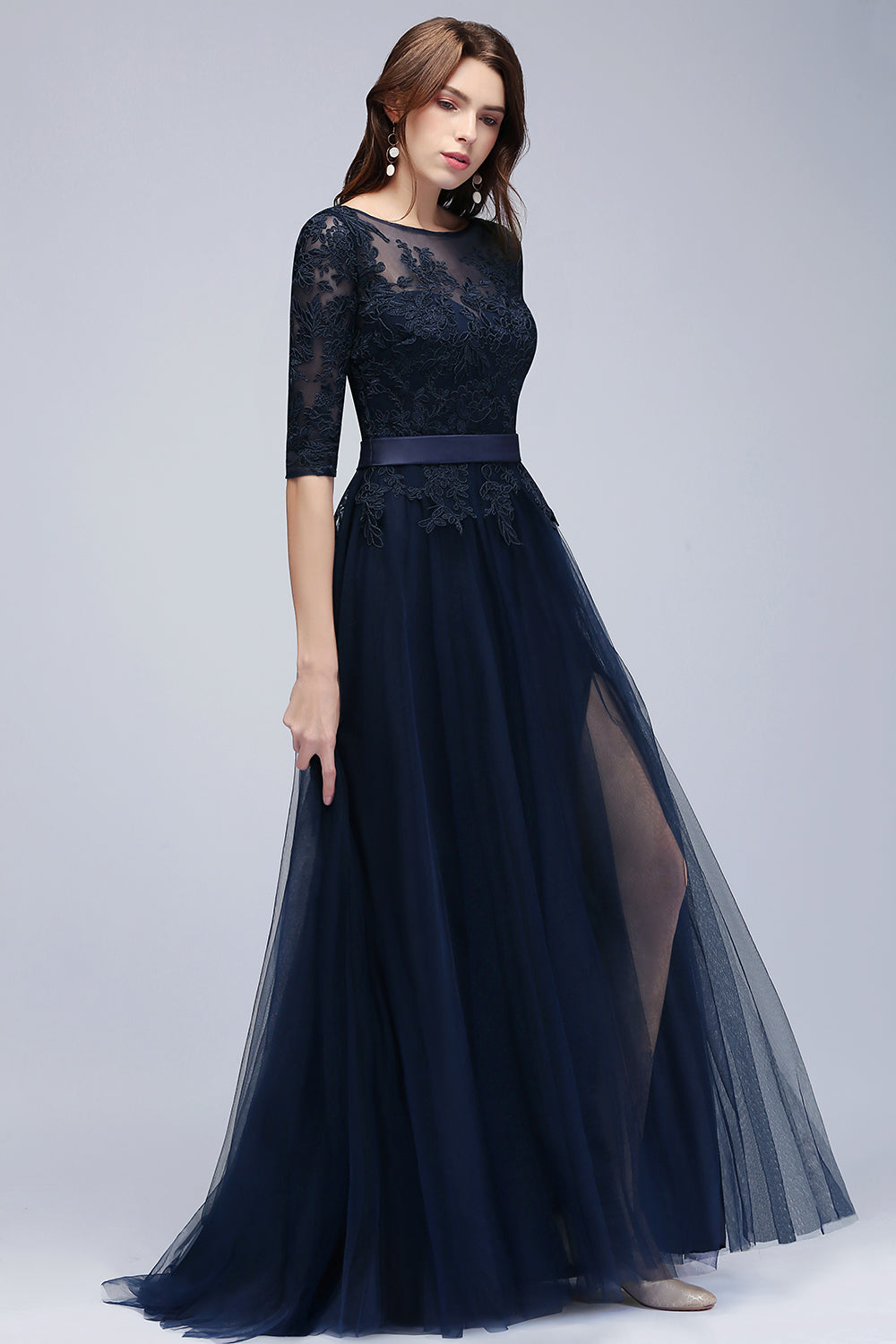 Elegant Half-Sleeves Lace Navy Bridesmaid Dresses with Appliques-27dress