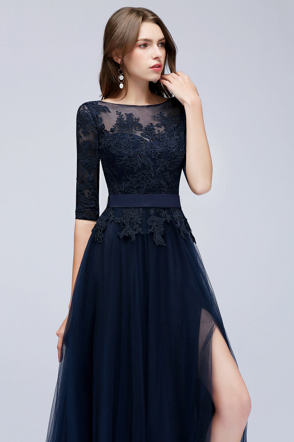 Elegant Half-Sleeves Lace Navy Bridesmaid Dresses with Appliques-27dress