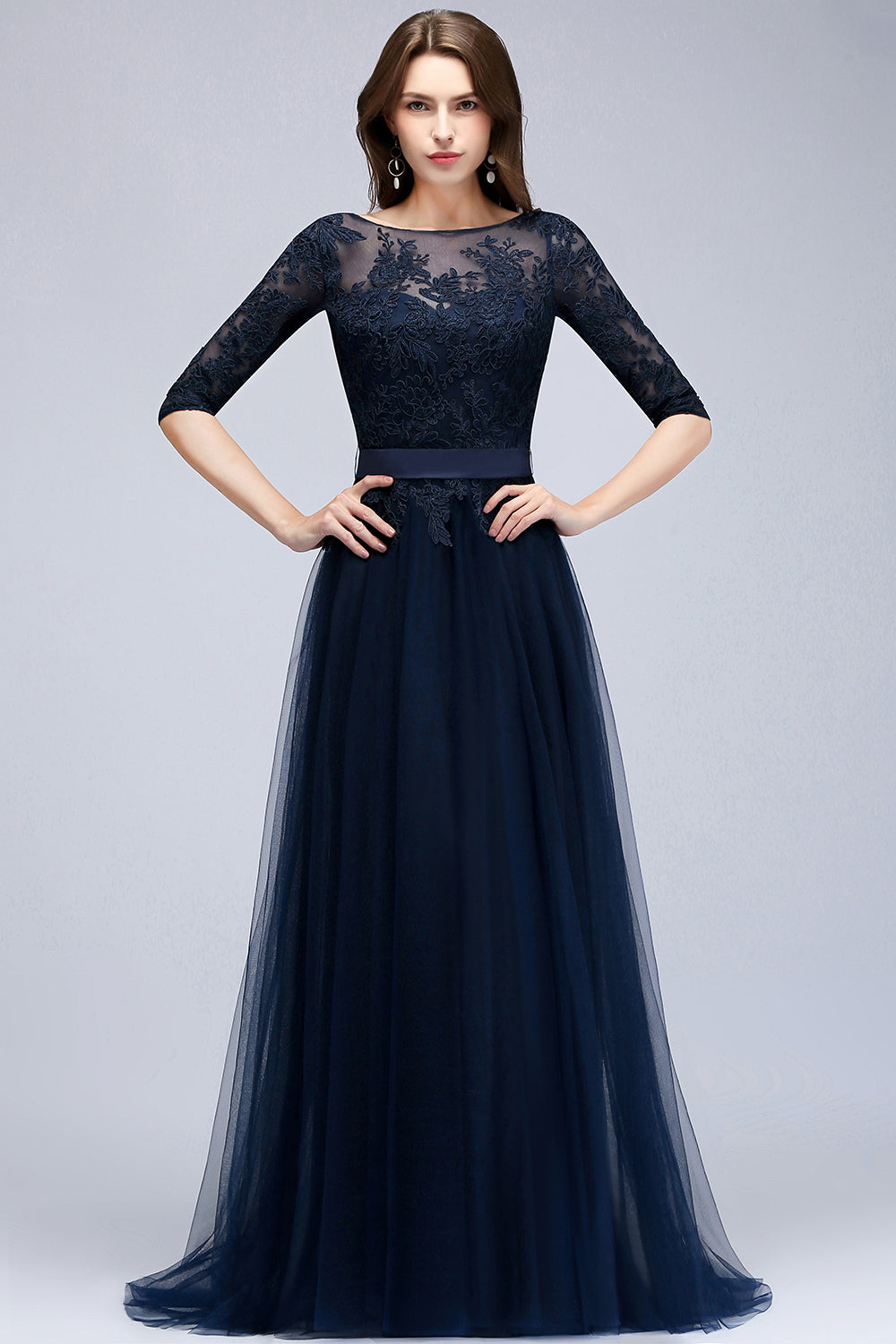Elegant Half-Sleeves Lace Navy Bridesmaid Dresses with Appliques-27dress
