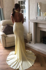 Elegant High Neck Open Back Mermaid Yellow Long Prom Dress