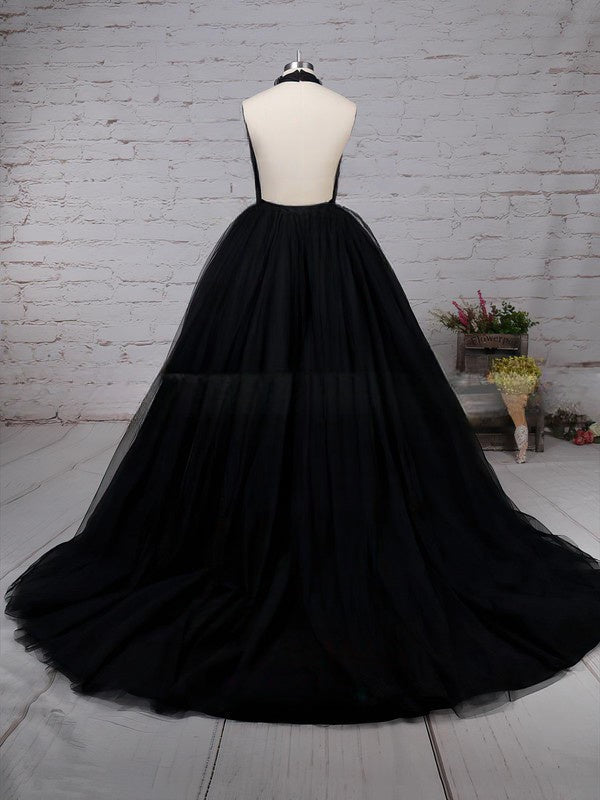 Elegant High Neck Tulle Prom Dress with Ruffles and Sweep Train