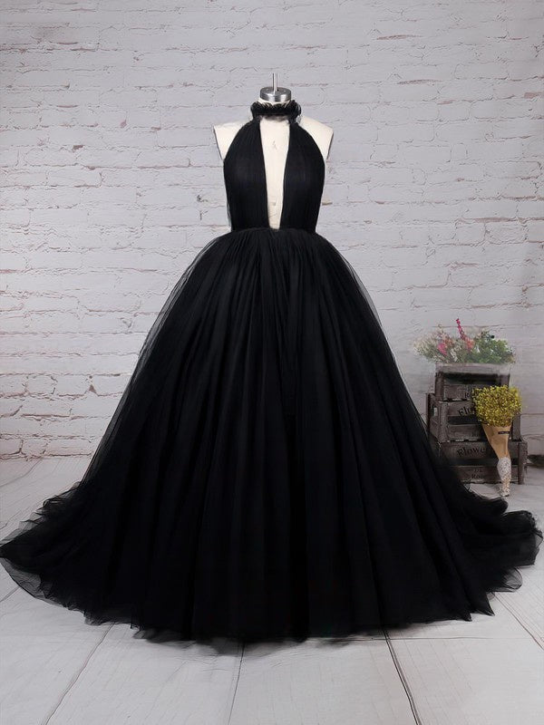 Elegant High Neck Tulle Prom Dress with Ruffles and Sweep Train