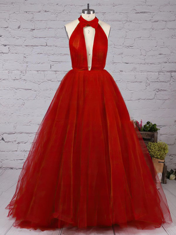 Elegant High Neck Tulle Prom Dress with Ruffles and Sweep Train