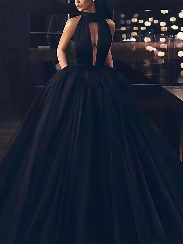 Elegant High Neck Tulle Prom Dress with Ruffles and Sweep Train