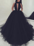 Elegant High Neck Tulle Prom Dress with Ruffles and Sweep Train