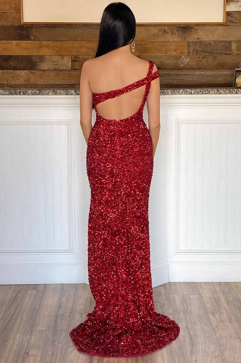 Elegant Hot Pink Sequins Long Prom Dress with One Shoulder