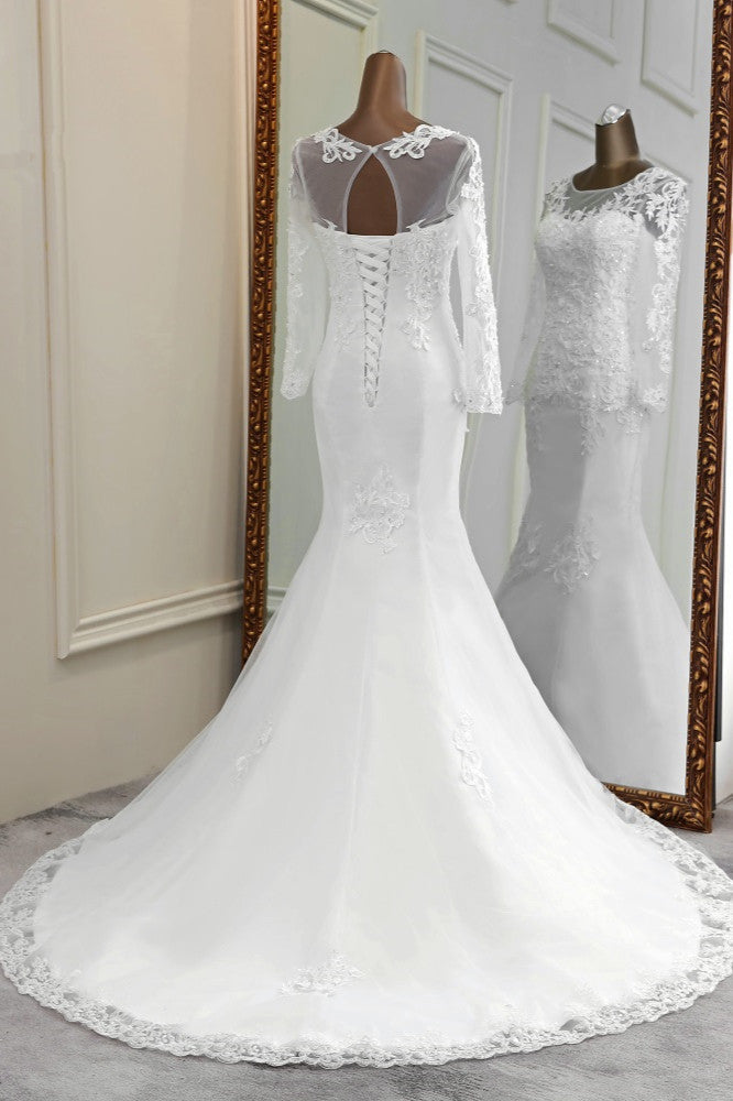 Elegant Jewel Lace Mermaid White Wedding Dresses Long Sleeves Appliques Bridal Gowns-27dress