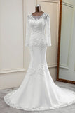 Elegant Jewel Lace Mermaid White Wedding Dresses Long Sleeves Appliques Bridal Gowns-27dress