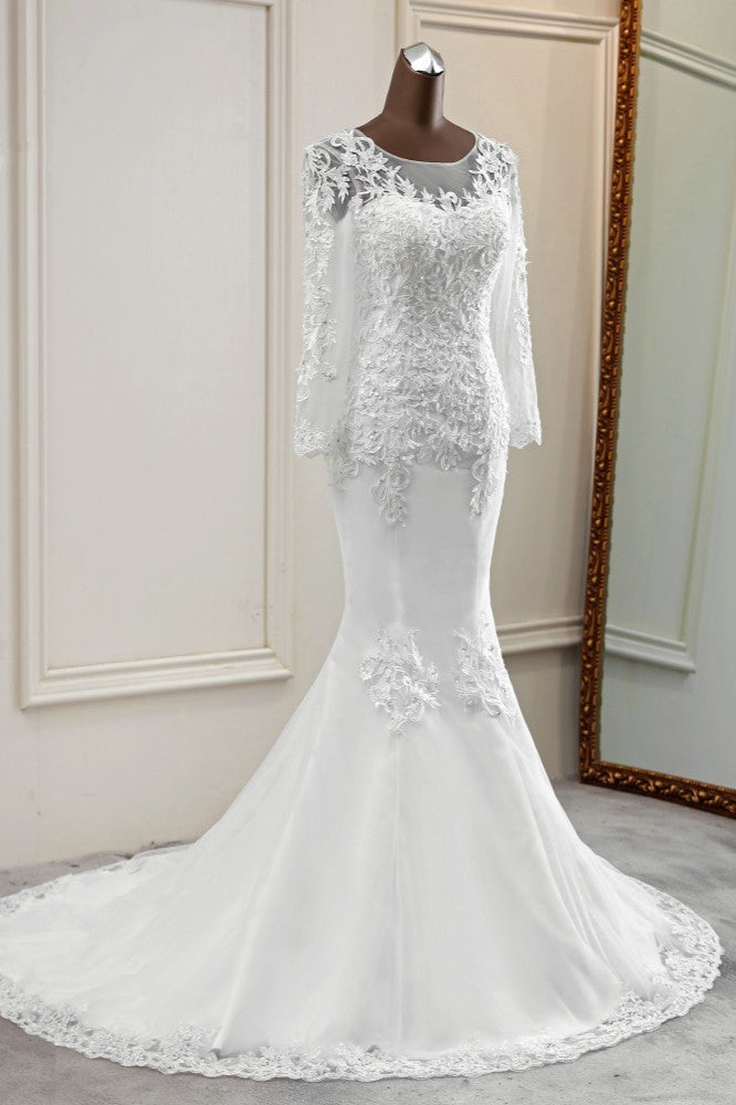 Elegant Jewel Lace Mermaid White Wedding Dresses Long Sleeves Appliques Bridal Gowns-27dress