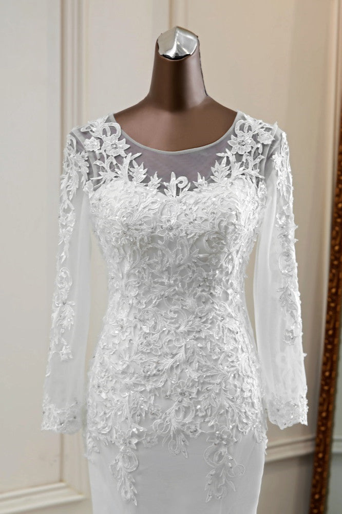 Elegant Jewel Lace Mermaid White Wedding Dresses Long Sleeves Appliques Bridal Gowns-27dress