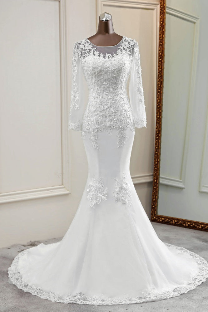 Elegant Jewel Lace Mermaid White Wedding Dresses Long Sleeves Appliques Bridal Gowns-27dress