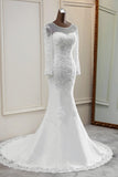 Elegant Jewel Long Sleeves White Mermaid Wedding Dresses with Rhinestone Applqiues-27dress