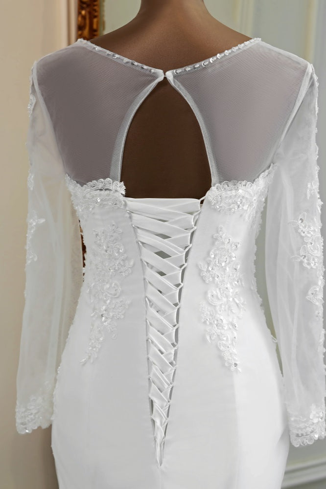 Elegant Jewel Long Sleeves White Mermaid Wedding Dresses with Rhinestone Applqiues-27dress