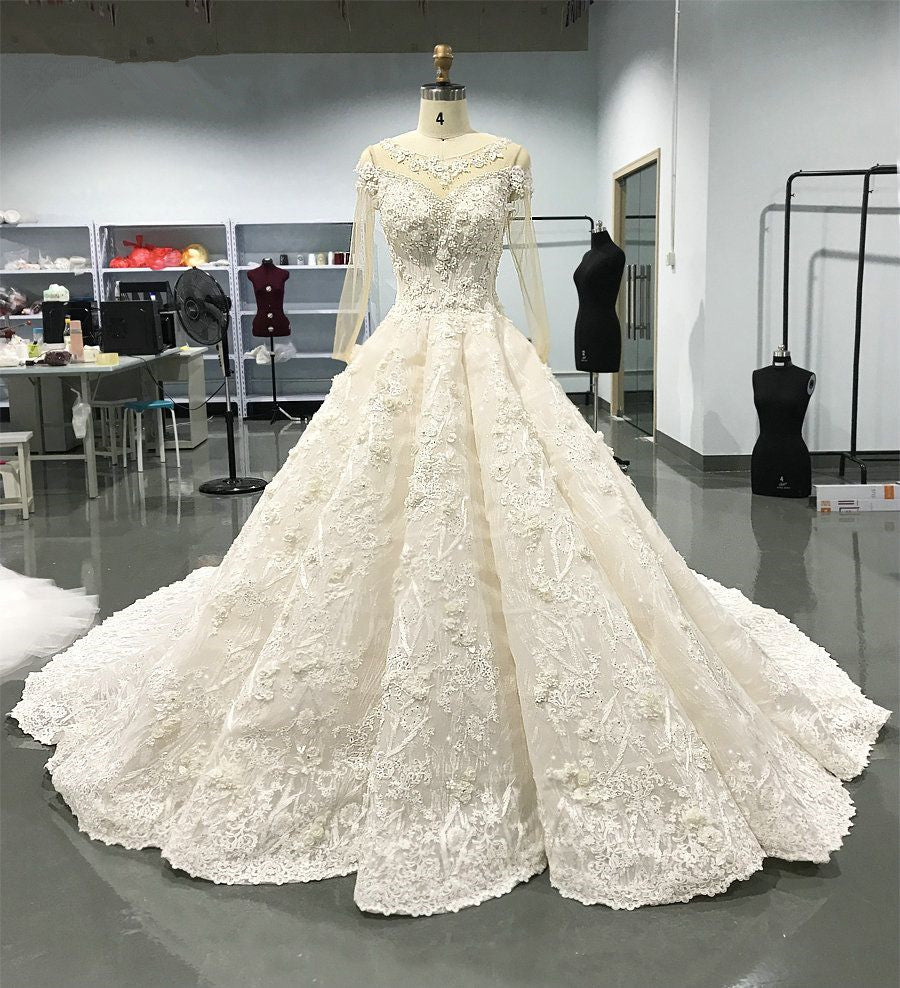 Elegant Jewel Longsleeves White Wedding Dresses With Appliques A-line Ruffles Lace Bridal Gowns On Sale-27dress