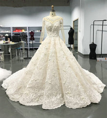 Elegant Jewel Longsleeves White Wedding Dresses With Appliques A-line Ruffles Lace Bridal Gowns On Sale-27dress