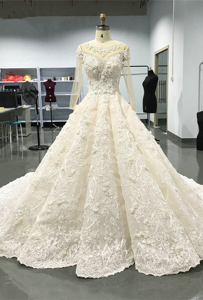 Elegant Jewel Longsleeves White Wedding Dresses With Appliques A-line Ruffles Lace Bridal Gowns On Sale-27dress