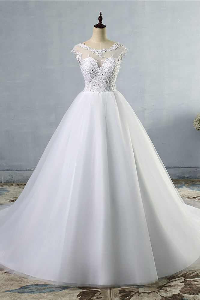 Elegant Jewel Tulles Lace Wedding Dress Sleeveless Appliques Beadings Bridal Gowns Online-27dress