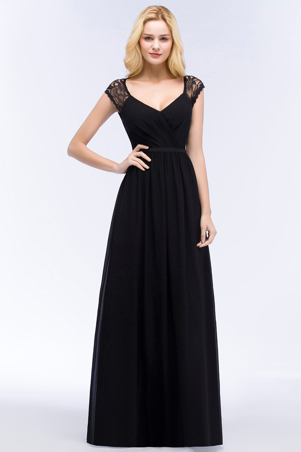 Elegant Lace Black V-Neck Sleeveless Bridesmaid Dress with Hollowout Back-27dress