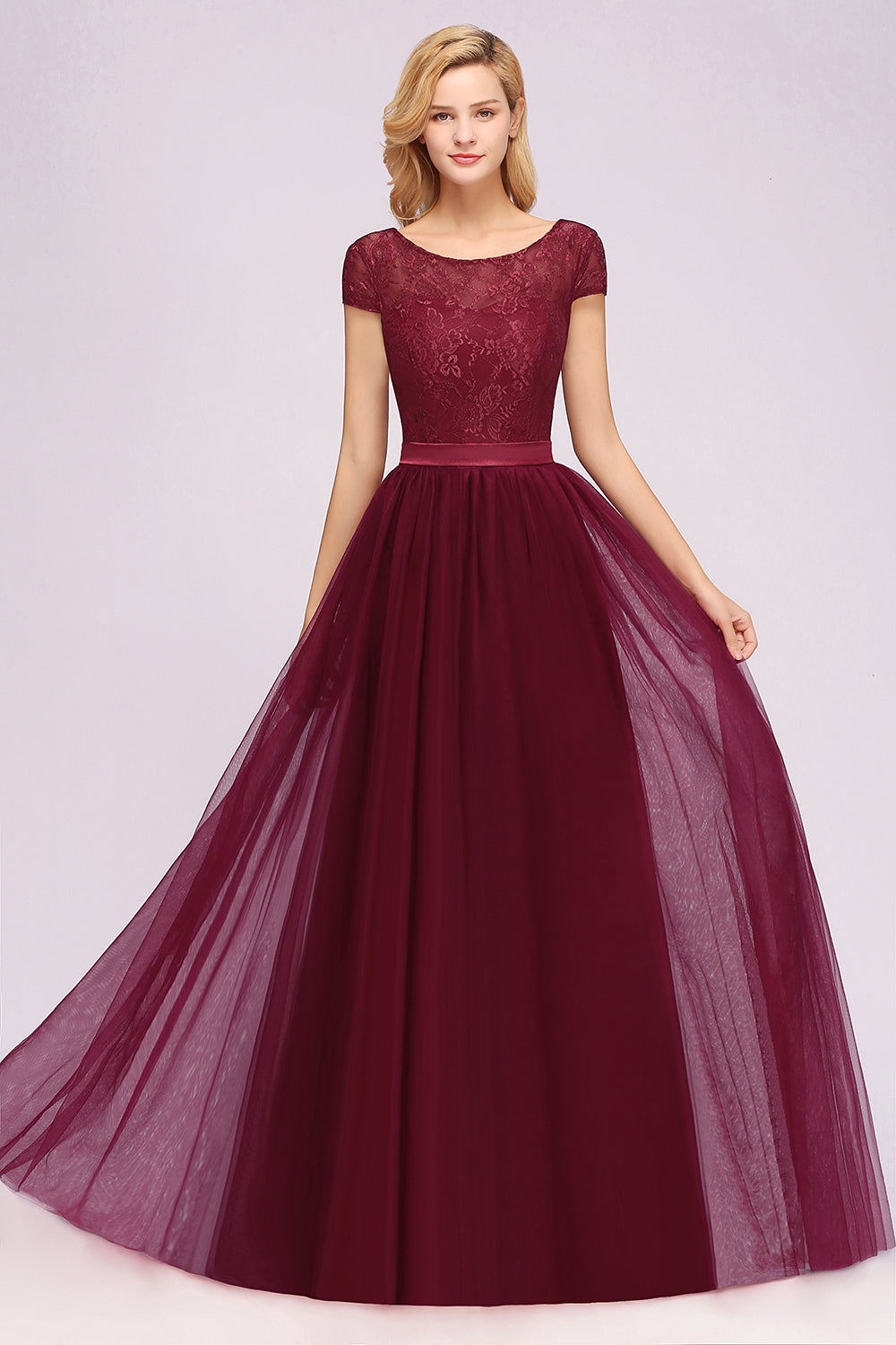 Elegant Lace Cap Sleeves Burgundy Bridesmaid Dresses Affordable-27dress