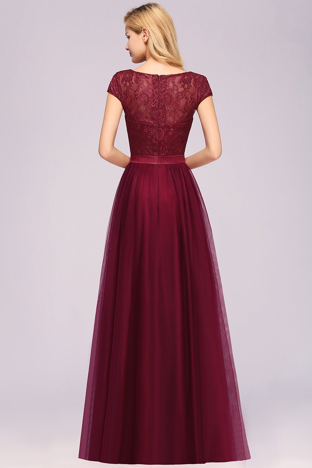 Elegant Lace Cap Sleeves Burgundy Bridesmaid Dresses Affordable-27dress