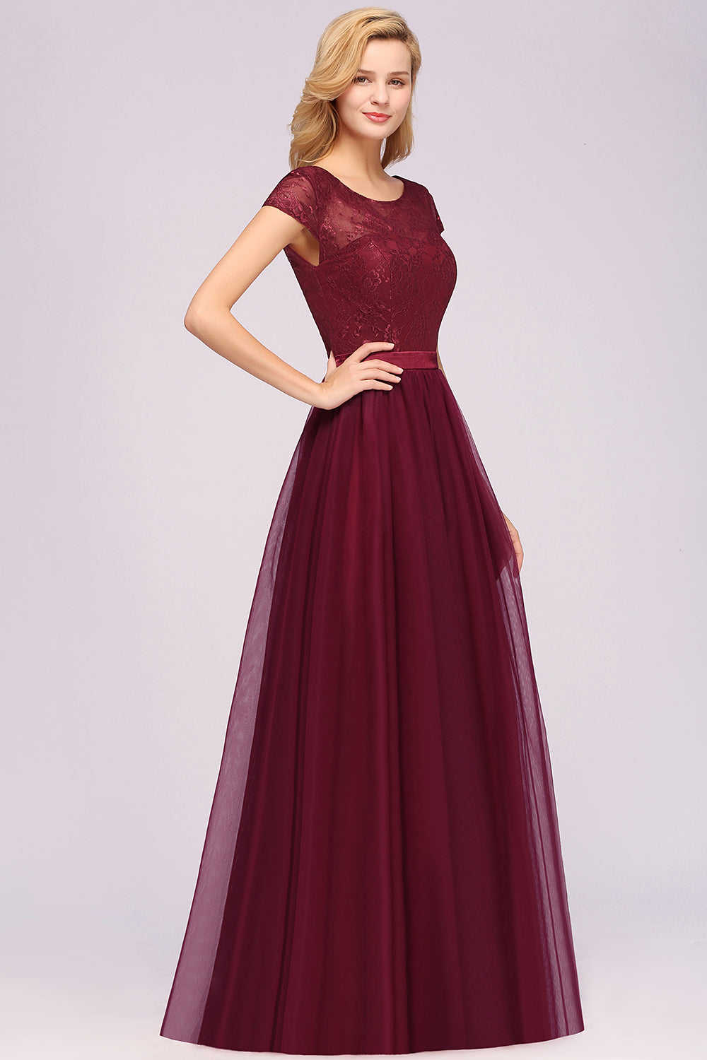 Elegant Lace Cap Sleeves Burgundy Bridesmaid Dresses Affordable-27dress