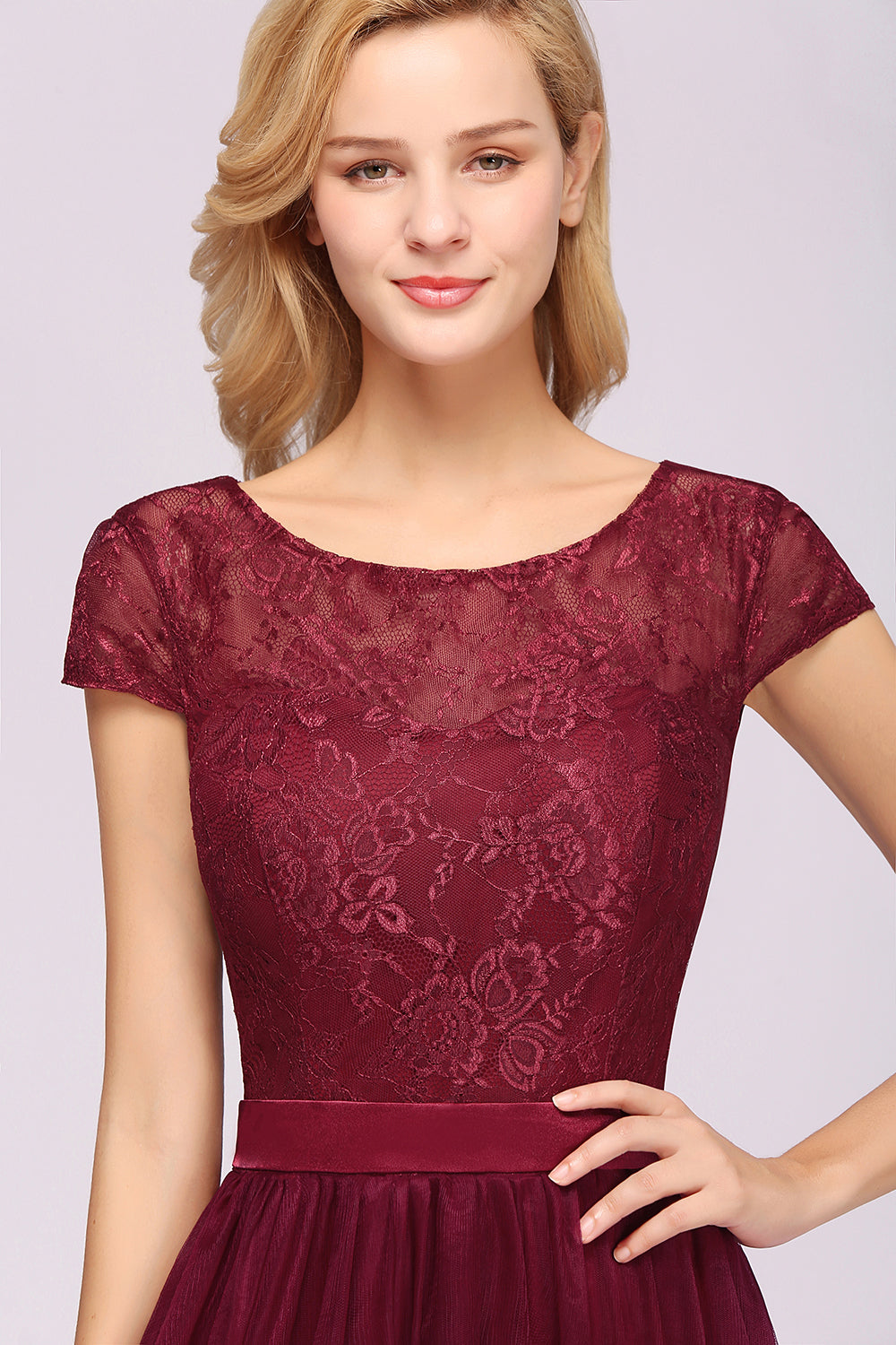 Elegant Lace Cap Sleeves Burgundy Bridesmaid Dresses Affordable-27dress