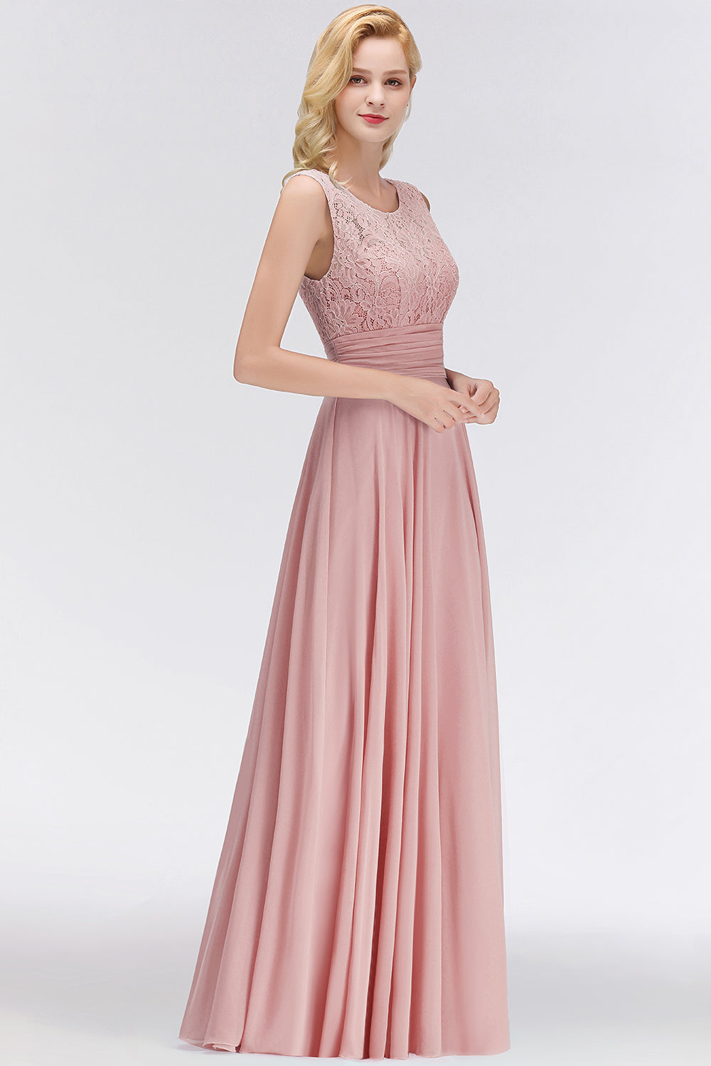 Elegant Lace Jewel Sleeveless Dusty Rose Bridesmaid Dress Online-27dress