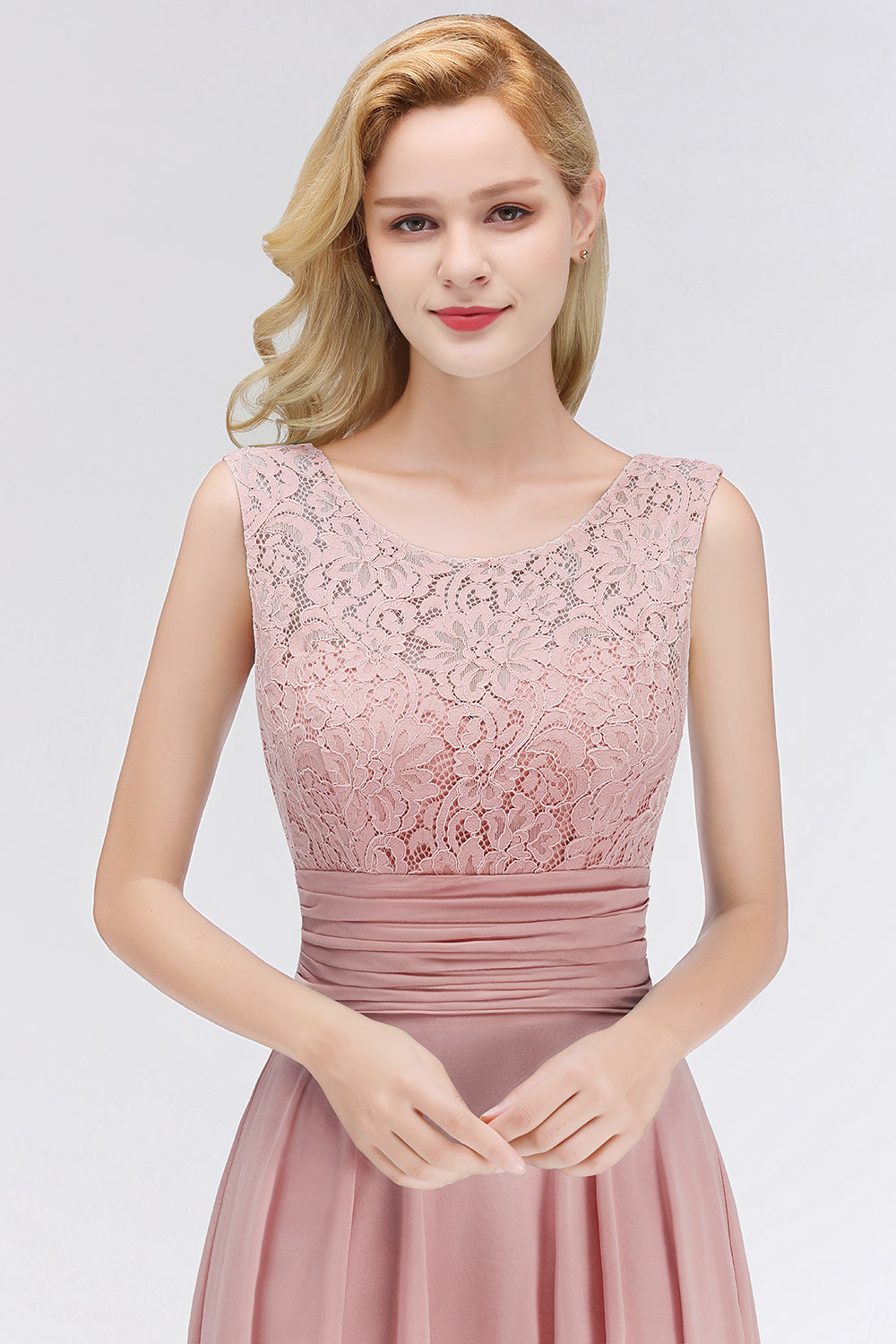 Elegant Lace Jewel Sleeveless Dusty Rose Bridesmaid Dress Online-27dress