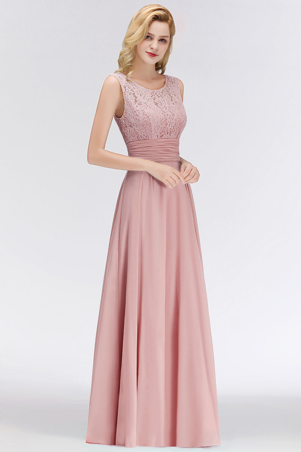 Elegant Lace Jewel Sleeveless Dusty Rose Bridesmaid Dress Online-27dress